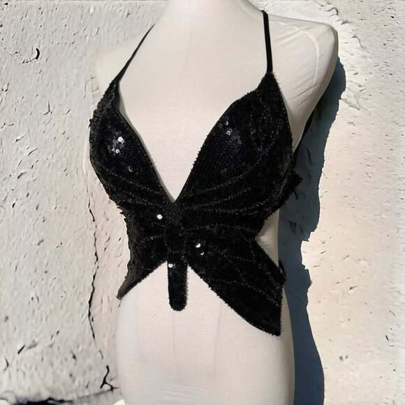 Tops - Women Black Beaded Sequined Butterfly Halter Neck Crop Top M Y2K Fairy